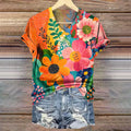 Women's Floral Art Print V-Neck Cotton T-Shirt