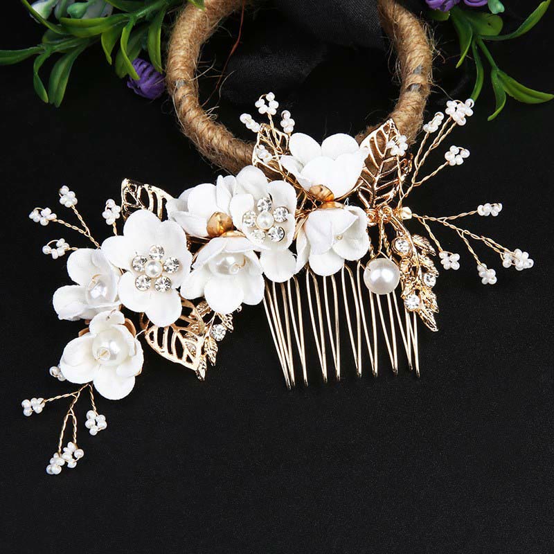 Golden Leaf Flower Pearl Chinese Hairpin Set - 4pcs Comb