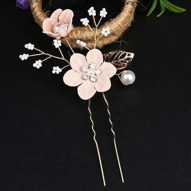 Golden Leaf Flower Pearl Chinese Hairpin Set - 4pcs Comb