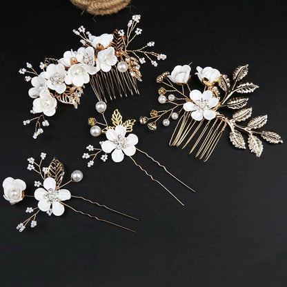 Golden Leaf Flower Pearl Chinese Hairpin Set - 4pcs Comb