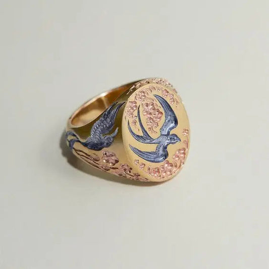 Blue Gold Hummingbird Ring