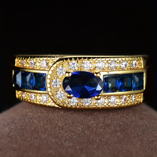 Gold Ring With Zirconia and Blue Stones