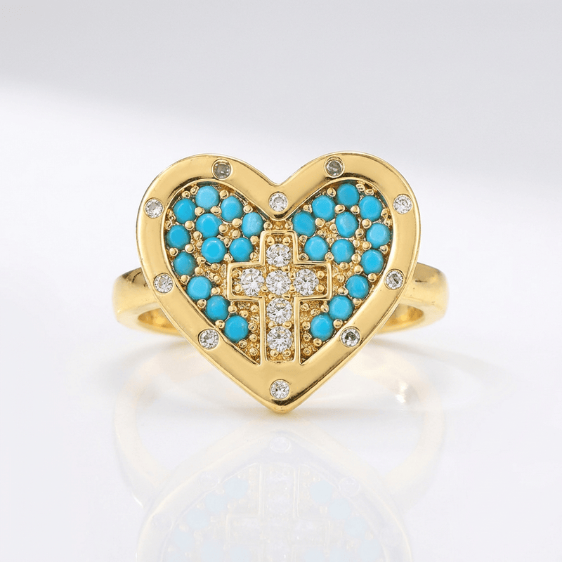 Colorful Heart & Cross Silver Ring - (adjustable)