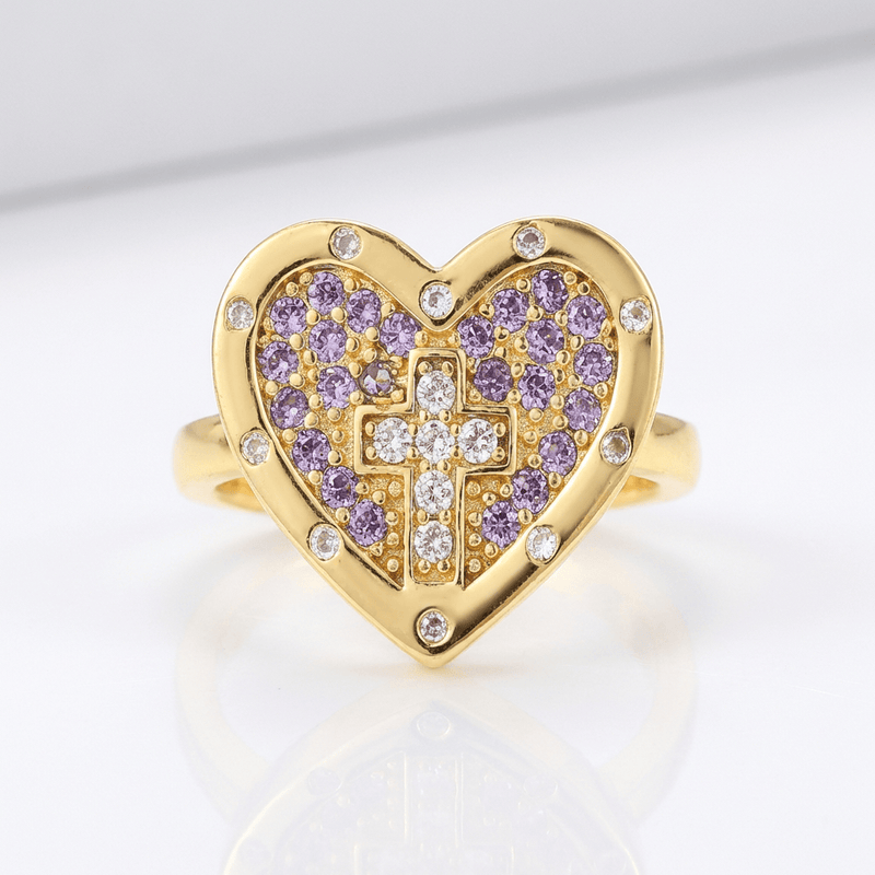 Colorful Heart & Cross Silver Ring - (adjustable)