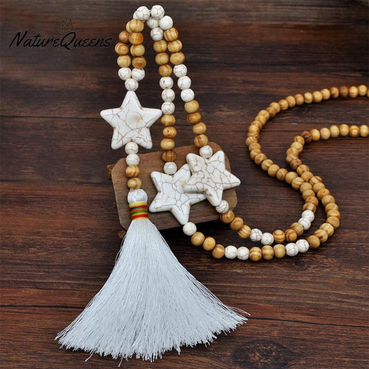 Retro Star Beaded Tassel Pendant Necklace