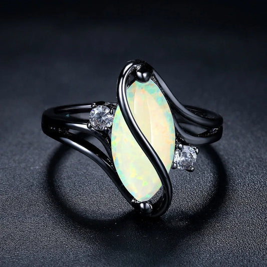 Black Silver Opal & Crystal Accent Ring