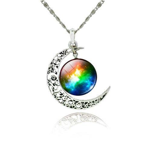 Galaxy Cabochon Crescent Moon Silver Necklace