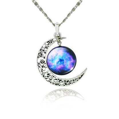 Galaxy Cabochon Crescent Moon Silver Necklace