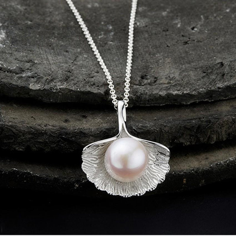 Pearl in Ginkgo Leaf Sterling Silver Necklace