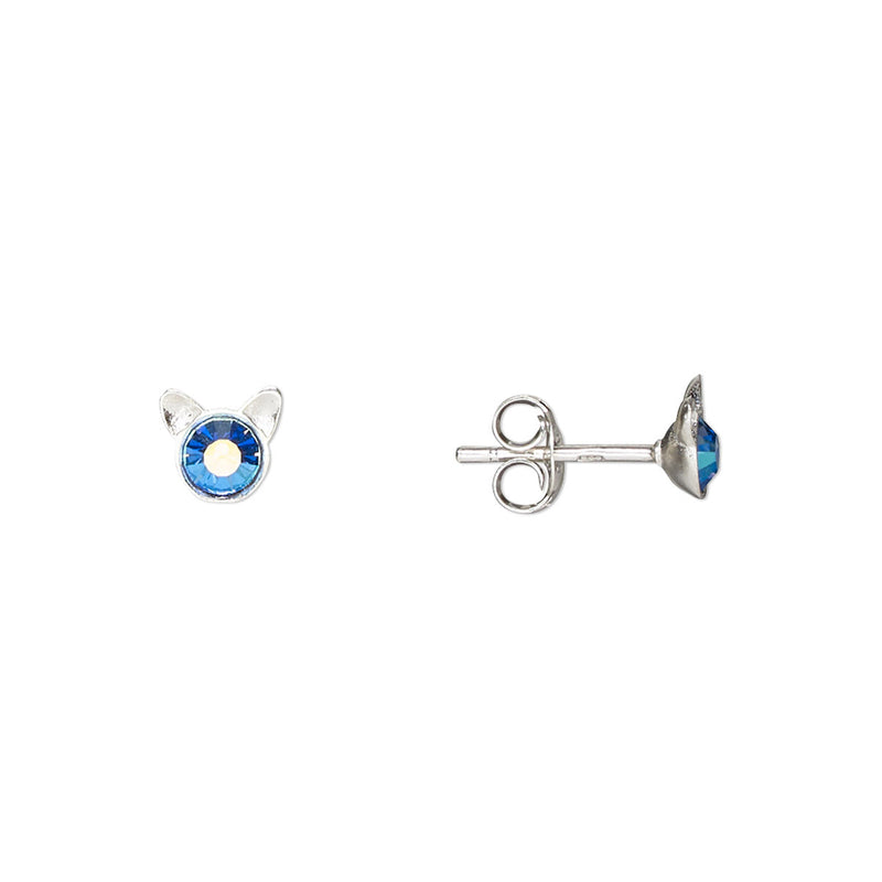 Blue Crystal Cat Ear Petite Sterling Silver Stud Earrings for