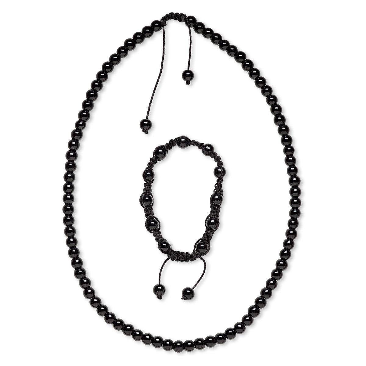 Natural Black Obsidian 8mm Bead Necklace and Bracelet Set, With Black Nylon Macrame Knot Closure, Adjustable
