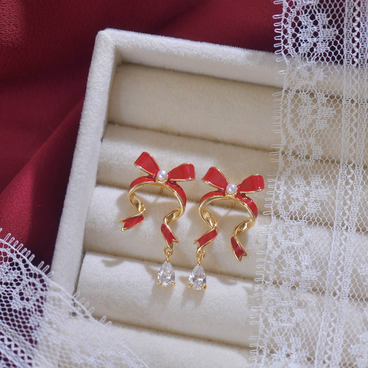 Red Bow Drop Earrings