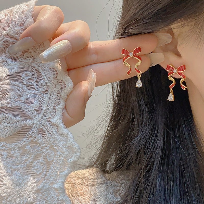 Red Bow Drop Earrings