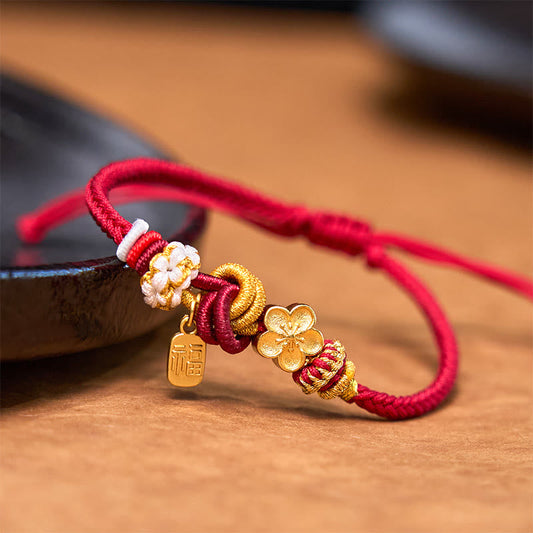 Red String Bracelet With Peach Blossom Charm for Luck & Protection