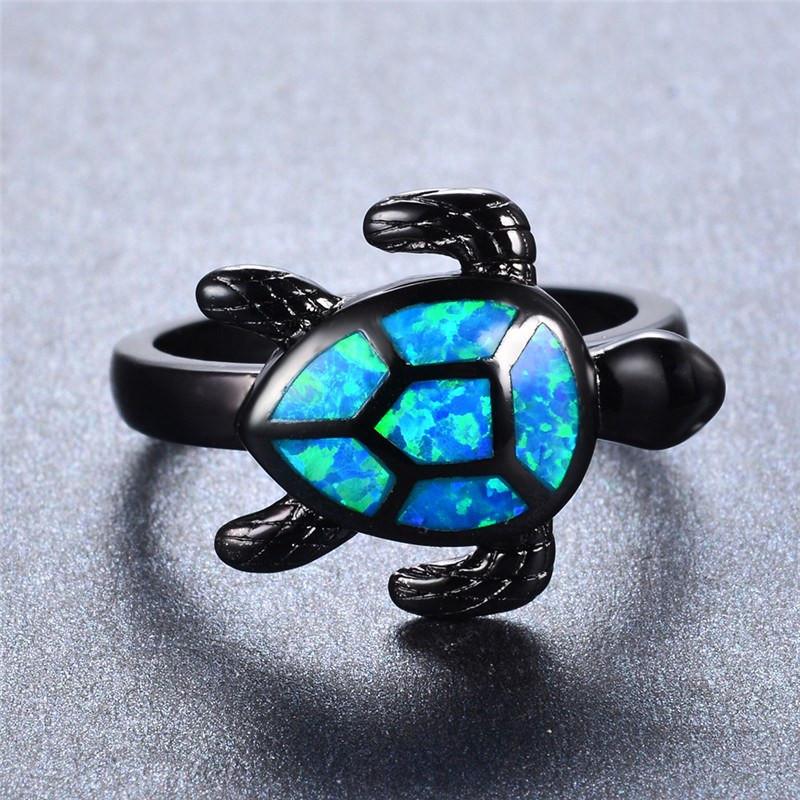 Blue Fire Opal Turtle Black Gold Ring