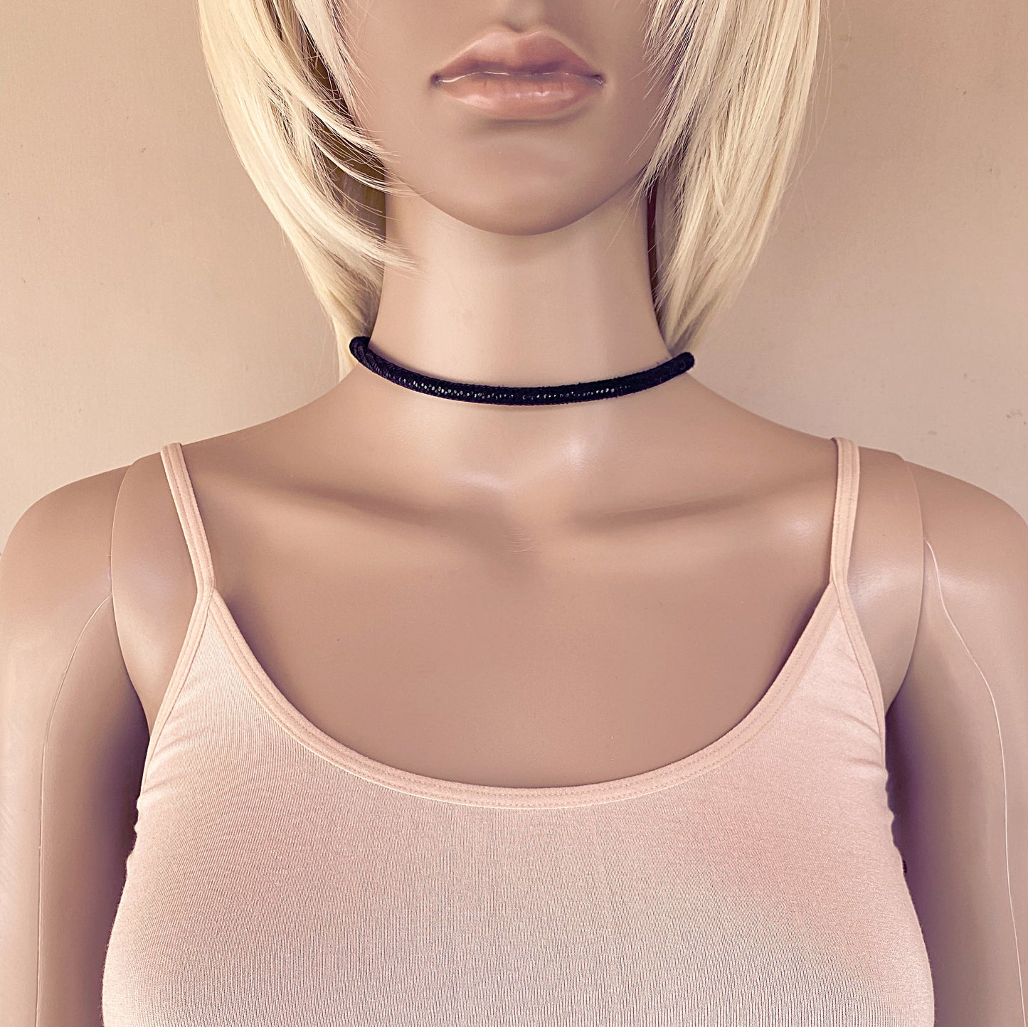 Black Leather Sparkly Snakeskin Choker Necklace With Silver Extender Chain & Swarovski Crystal