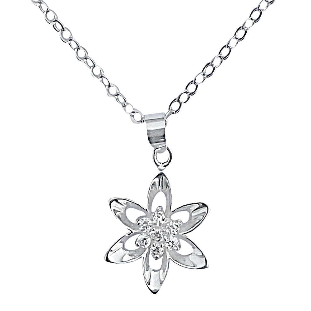 Sterling Silver Mini Cubic Zirconia Flower Pendant on Silver Cable Chain Necklace, 18" With Extender