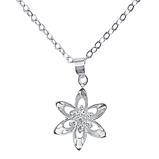 Sterling Silver Mini Cubic Zirconia Flower Pendant on Silver Cable Chain Necklace, 18" With Extender